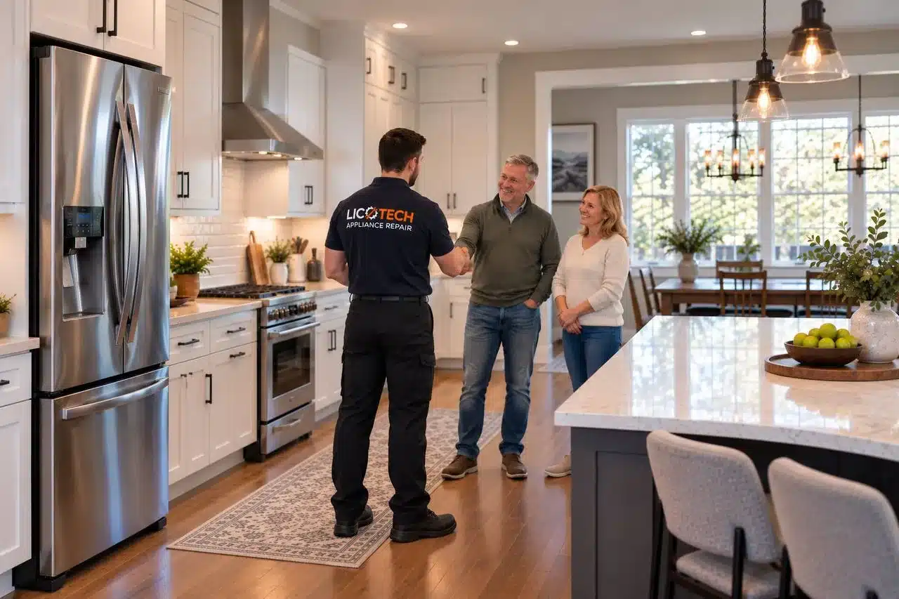 Licotech Appliance Repair technician greeting homeowners in a modern kitchen
